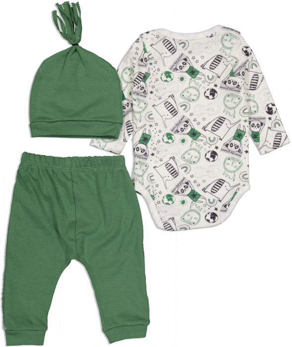 Set 3 piese baieti, Miniworld, Save the planet, bumbac, Verde inchis, 68-74 cm, 6-9 luni [2]