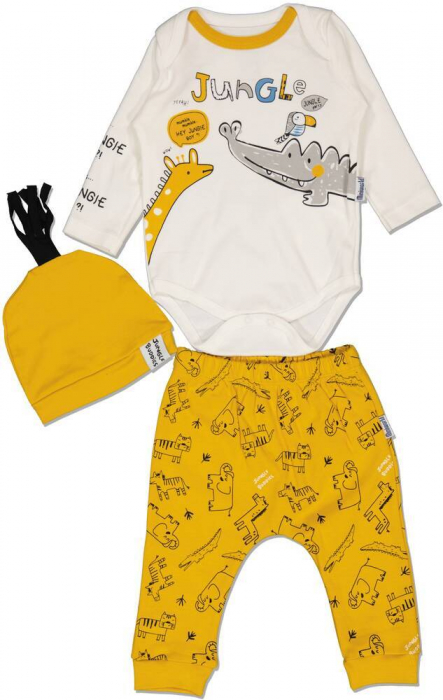 Set 3 piese baieti, Miniworld, Jungle buddies, Bumbac, Galben mustar, 62-68 CM, 3-6 luni [1]