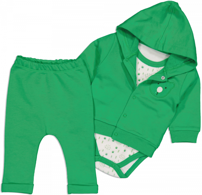 Set 3 piese, baieti,TAFYY, body, hanorac cu gluga si pantaloni cu urs, Bumbac, Verde, 62 cm, 3-6 luni [1]
