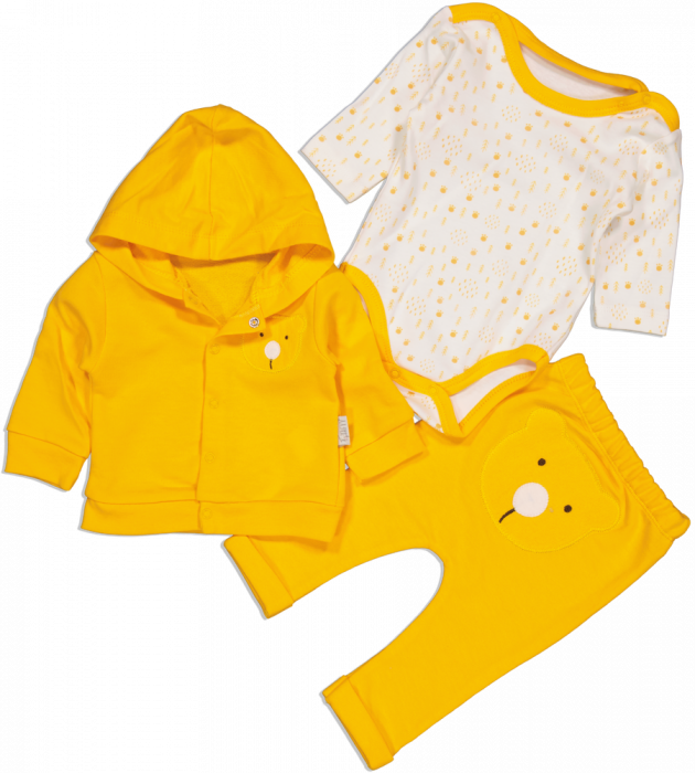 Set 3 piese, baieti,TAFYY, body, hanorac cu gluga si pantaloni cu urs, Bumbac, Galben, 56 cm, 1-3 luni [1]