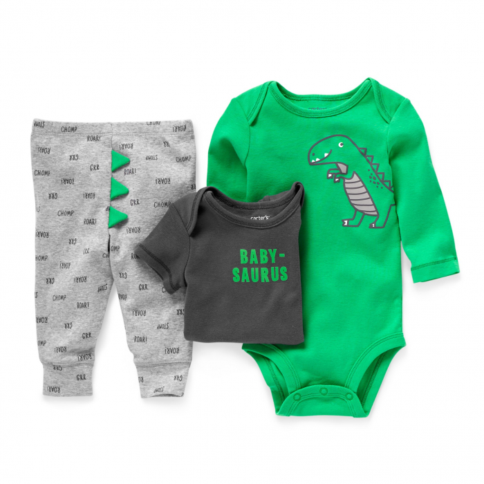 Set 3 piese, Carter's , model dinozaur, imprimeu text, bumbac, multicolor, 46-55 CM, 2.7-4 kg, nou nascut [4]