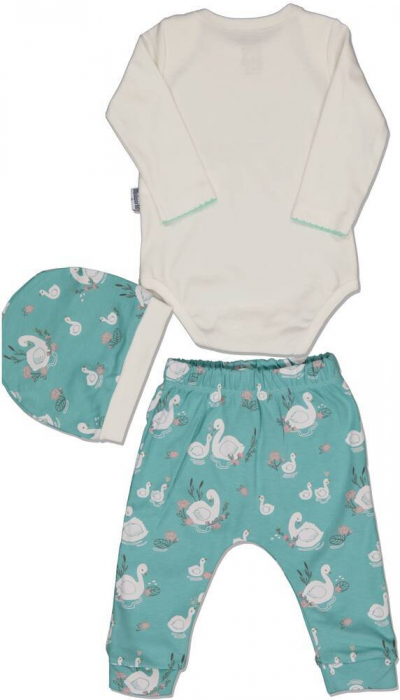 Set 3 piese fete, Miniworld, Swan Heart - Lebede, Bumbac, Mint, 62-68 CM, 3-6 luni [2]