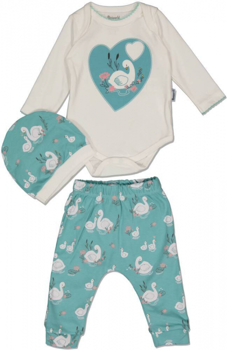 Set 3 piese fete, Miniworld, Swan Heart - Lebede, Bumbac, Mint, 62-68 CM, 3-6 luni [1]