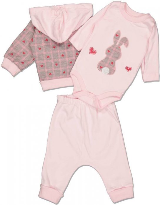 Compleu 3 piese, fete, Babyim, Iepuras si inimioare, pantaloni, hanorac,body, [2]