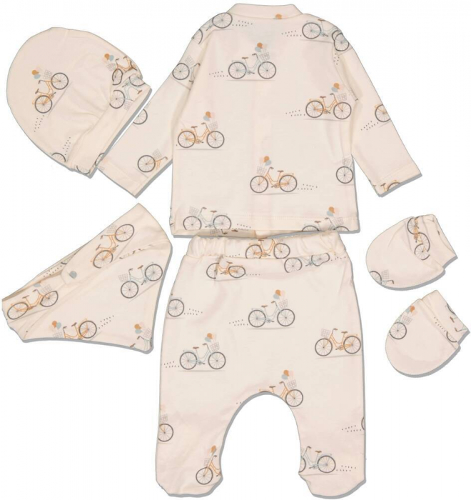 Set 5 piese copii, Esya Baby, imprimeu Biciclete, Bumbac, Crem, 56 CM, 1-3 luni [2]