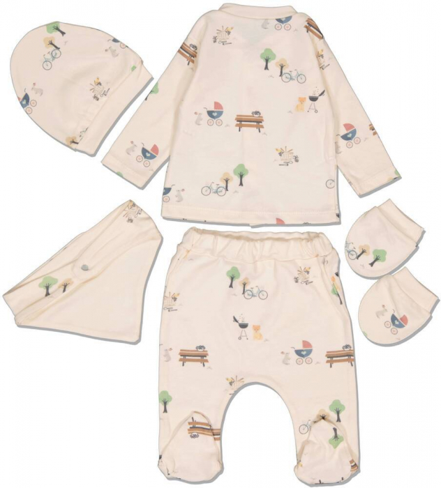 Set 5 piese copii, Esya Baby, imprimeu picnic cu animale, Bumbac, Crem, 56 CM, 1-3 luni [2]