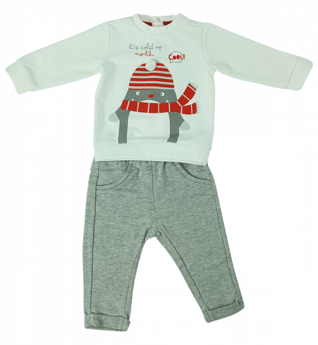Trening flausat bebelusi, OVS, Pinguin Cool, pantaloni si bluza, Bumbac organic, 6-9 luni [3]