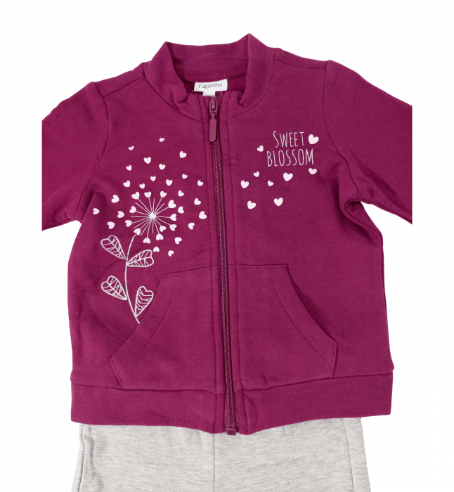Trening flausat fete, OVS, Sweet Blossom - inimioare, pantaloni si bluza cu fermoar, Bumbac, 9-12 luni [3]
