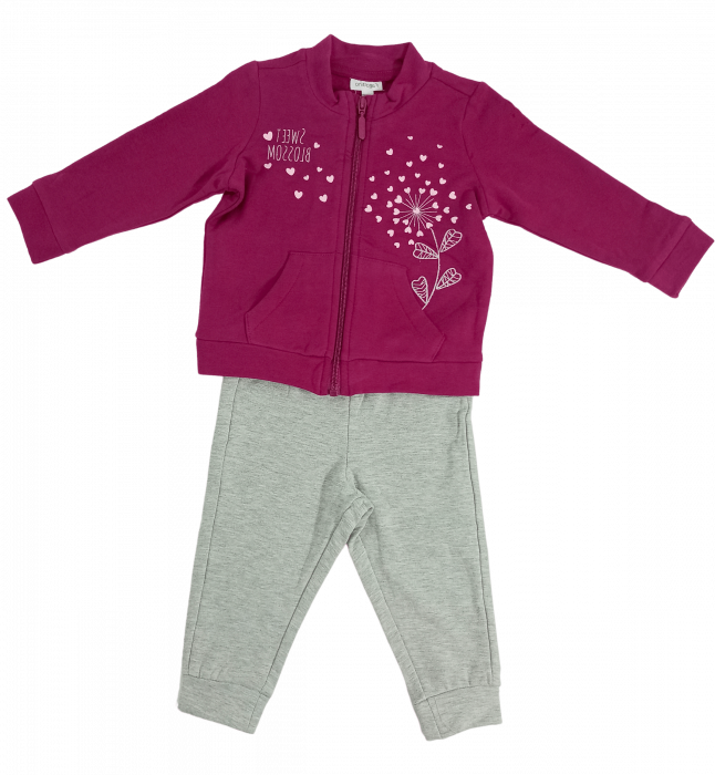 Trening flausat fete, OVS, Sweet Blossom - inimioare, pantaloni si bluza cu fermoar, Bumbac, 9-12 luni [4]