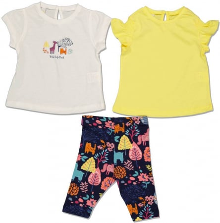 Compleuri copii - Set 3 piese fete, Via Girls, Wild life park, Bumbac, Galben, 74 cm, 9 luni