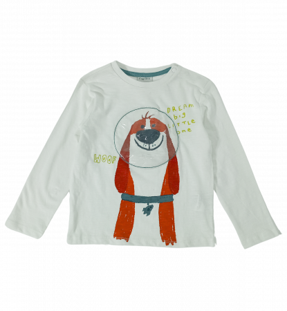 Bluze copii - Bluza cu maneca lunga baieti, OVS, imprimeu catel astronaut, Bumbac, Alb, 92 cm, 2-3 ani