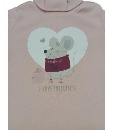 Bluza copii, OVS, cu guler inalt, imprimeu animal, bumbac, Roz pudrat, 80 cm, 12-18 cm [2]