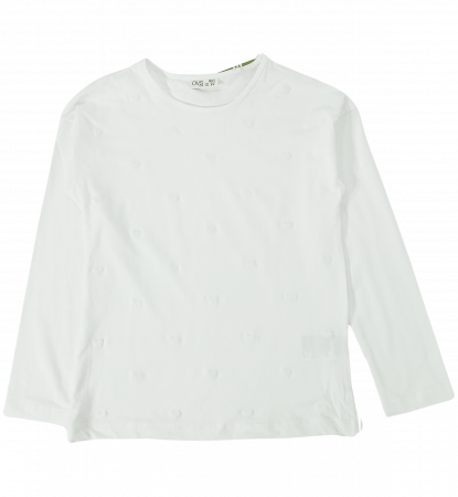 Bluze copii - Bluza fete, OVS, inimioare brodate, Bumbac organic si elastan, Alb, 134 cm, 8-9 ani