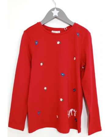 Bluze copii - Bluza fete, OVS, model flori brodate, bumbac BIO, rosu, 134 cm, 8-9 ani
