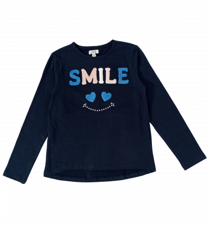 Bluze copii - Bluza fete, OVS, SMILE, Bumbac si elastan, Albastru inchis, 128 CM, 7-8 ani