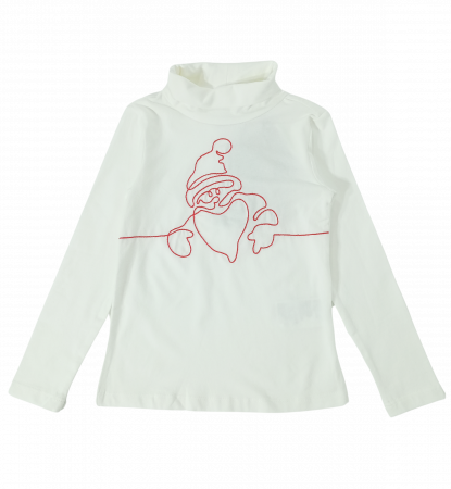 Imbracaminte copii - Bluza pe gat, fete, OVS, broderie Mos Craciun, Bumbac si elastan, Alb, 104 CM, 3-4 ani