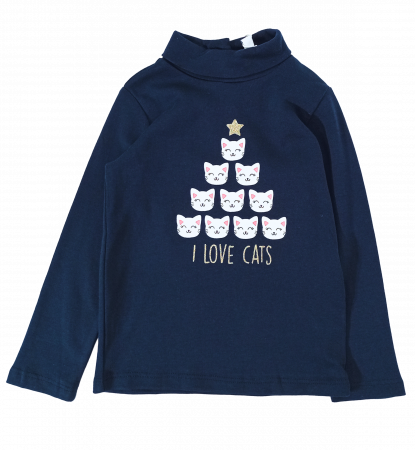 Bluze copii - Bluza pe gat fete, OVS, I love cats, Albastru inchis, bumbac organic, 92 cm, 2-3 ani