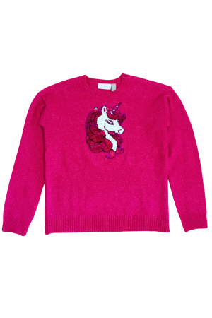 Bluze copii - Bluza pentru fete, The Children's PLACE, unicorn cu paiete, tricotat, Poliester, Fucsia, 140-152 cm, 11-12 ani