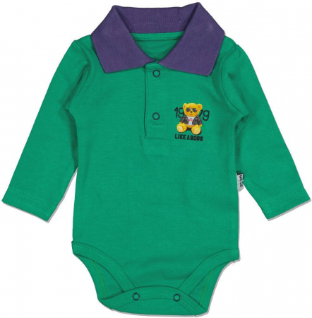 Body-uri copii - Body baieti, Puan Baby, Bear like a boss, Verde, 56 cm, 1-3 luni