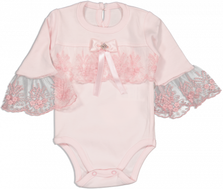 Body-uri copii - Body fete,TAFYY, cu dantela si funda, Bumbac, Roz, 56 cm, 1-3 luni