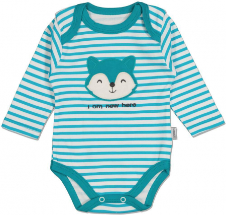 Body-uri copii - Body baieti, Puan Baby, cu vulpita I am new here, Bumbac, Verde si alb, 56 cm, 1-3 luni