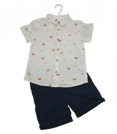 Compleuri copii - Compleu 2 piese copii, OVS, camasa si pantaloni scurti, bumbac/lanolina, Alb & Bleumarin, 98 CM, 2-3 ani