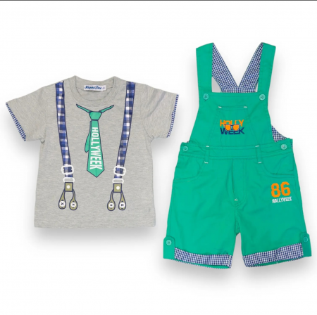 Compleuri copii - Compleu băieți vară set 2 piese - Salopetă și Tricou, Happy Tree