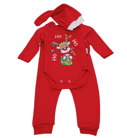 Compleuri copii - Compleu copii 3 piese Craciun, Ho Ho Ho Reindeer, bumbac