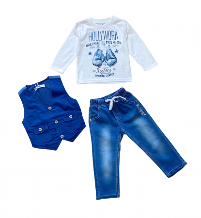 Compleuri copii - Compleu elegant băieți 3 piese - Vesta, Bluza și Pantaloni Denim