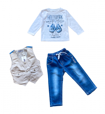 Compleuri copii - Compleu elegant băieți 3 piese - Vesta, Bluza și Pantaloni Denim