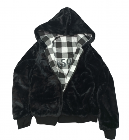 Geaca cu 2 fete cu gluga, OVS, blana sintetica neagra si carouri, Negru/Alb, 146 CM, 10-11 ani [3]