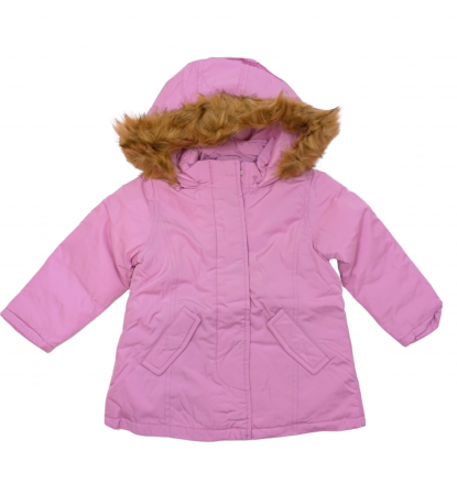 Geci si veste copii - Geaca de iarna fete, OVS, gluga cu blana, poliester, roz, 80 CM, 12-18 luni