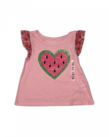 Tricouri copii - Maiou fete,The Children's PLACE, inimioara cu sclipici ( watermelon) roz, Bumbac si poliester, 86-92 cm, 18-24 luni