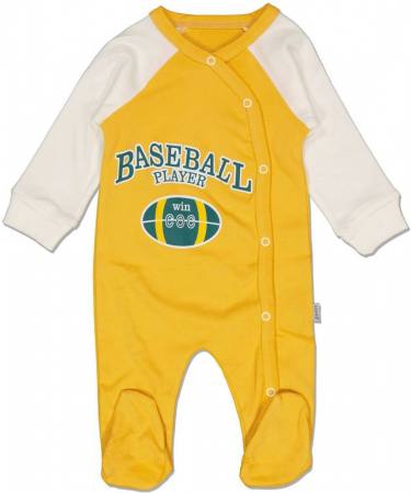 Salopete copii - Salopeta baieti, Puan Baby, Baseball, Bumbac, Galben, 68 cm, 6-9 luni
