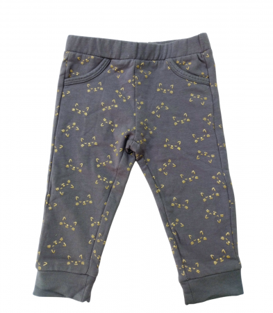 Imbracaminte copii - Pantaloni bebe flausati, OVS, talie elastica, imprimeu pisica, Bumbac/Elastan, Gri, 74 CM, 9-12 luni