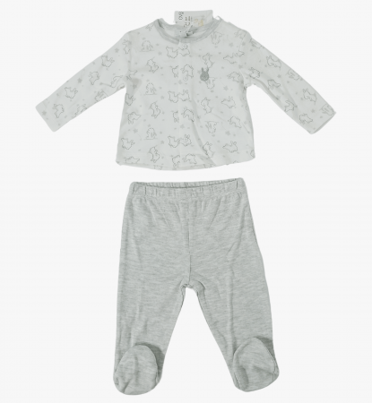 Pijamale copii - Pijama lunga bebe, OVS, iepurasi, pantaloni lungi cu picior si bluza cu capse, Bumbac,