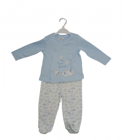 Pijamale copii - Pijama lunga copii, OVS, catel si pasare brodate, Bumbac, Albastru deschis, 62 CM, 3-6 luni
