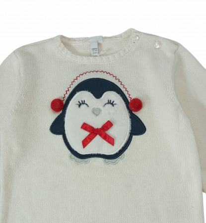 Pulover tricotat fete OVS - Broderie și Aplicații Pinguin, Nasturi pe Umăr, Bumbac, Poliamidă și Lână, Alb, 92 cm [2]