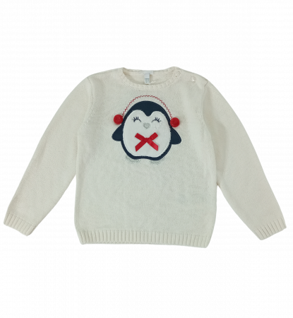 Pulovere si cardigane copii - Pulover tricotat fete OVS - Broderie și Aplicații Pinguin, Nasturi pe Umăr, Bumbac, Poliamidă și Lână, Alb, 92 cm