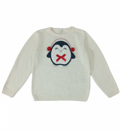 Pulover tricotat fete OVS - Broderie și Aplicații Pinguin, Nasturi pe Umăr, Bumbac, Poliamidă și Lână, Alb, 92 cm [3]