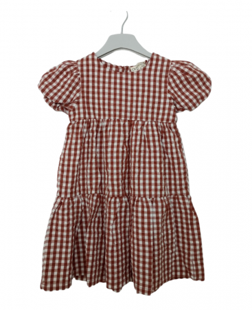 Rochii fete - Rochie fete creponata, OVS, carouri, cu umeri bufanti, bumbac BIO, caramiziu, 110 cm, 4-5 ani