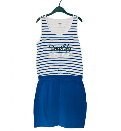 Rochii fete - Rochie fete fara maneci, Cars Jeans , imprimeu dungi si text, bumbac, Albastru si alb, 164 cm, Small