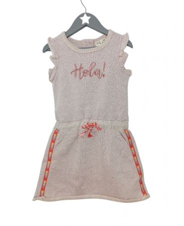 Rochii fete - Rochie fete, maneci decupate, brodata, bumbac, Roz,104 cm, 3-4 ani, roz pudra