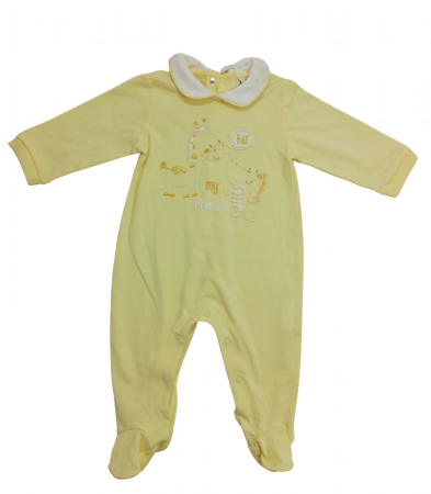 Salopete copii - Salopeta bebe intreaga cu guler, OVS, broderie cu animale, Bumbac, Galben, 56 CM, 1-3 luni