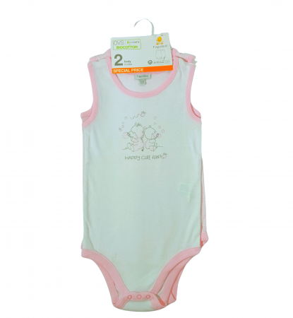 Body-uri copii - Set 2 body-uri fete, OVS, fara maneca, Happy cute fun, Bumbac organic, 2-3 ani,