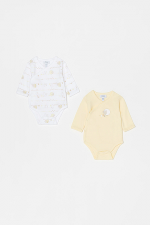 Body-uri copii - Set 2 body-uri nou-nascuti, OVS, imprimeu grafic, Bumbac organic, Galben & Alb, 50 CM, 1 luna