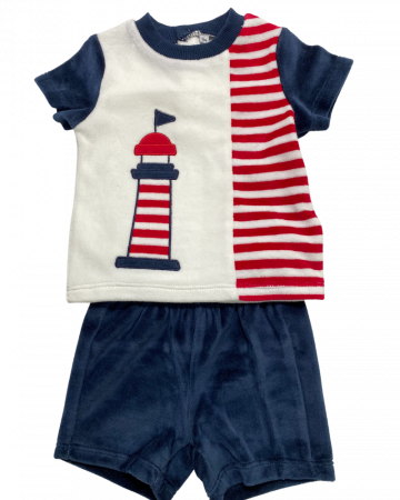 Compleuri copii - Set 2 piese baieti pantaloni scurti albastri si tricou alb cu albastru in dungi rosii cu far. Varsta 3 luni