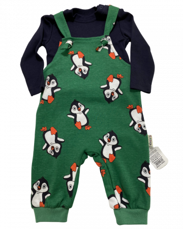 Compleuri copii - Set 2 piese baieti salopeta si bluza verde cu imprimeu cu pinguin