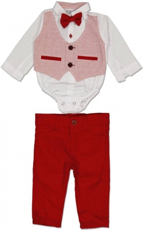 Compleuri copii - Set 2 piese, baieti, TERRY, body tip camasa si pantaloni, Bumbac, Rosu, 86 cm, 24 luni