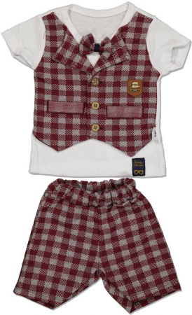 Compleuri copii - Set 2 piese baieti, Ronix, tricou-vesta si pantaloni scurti, Bumbac, Visiniu, 68 cm, 6-9 luni